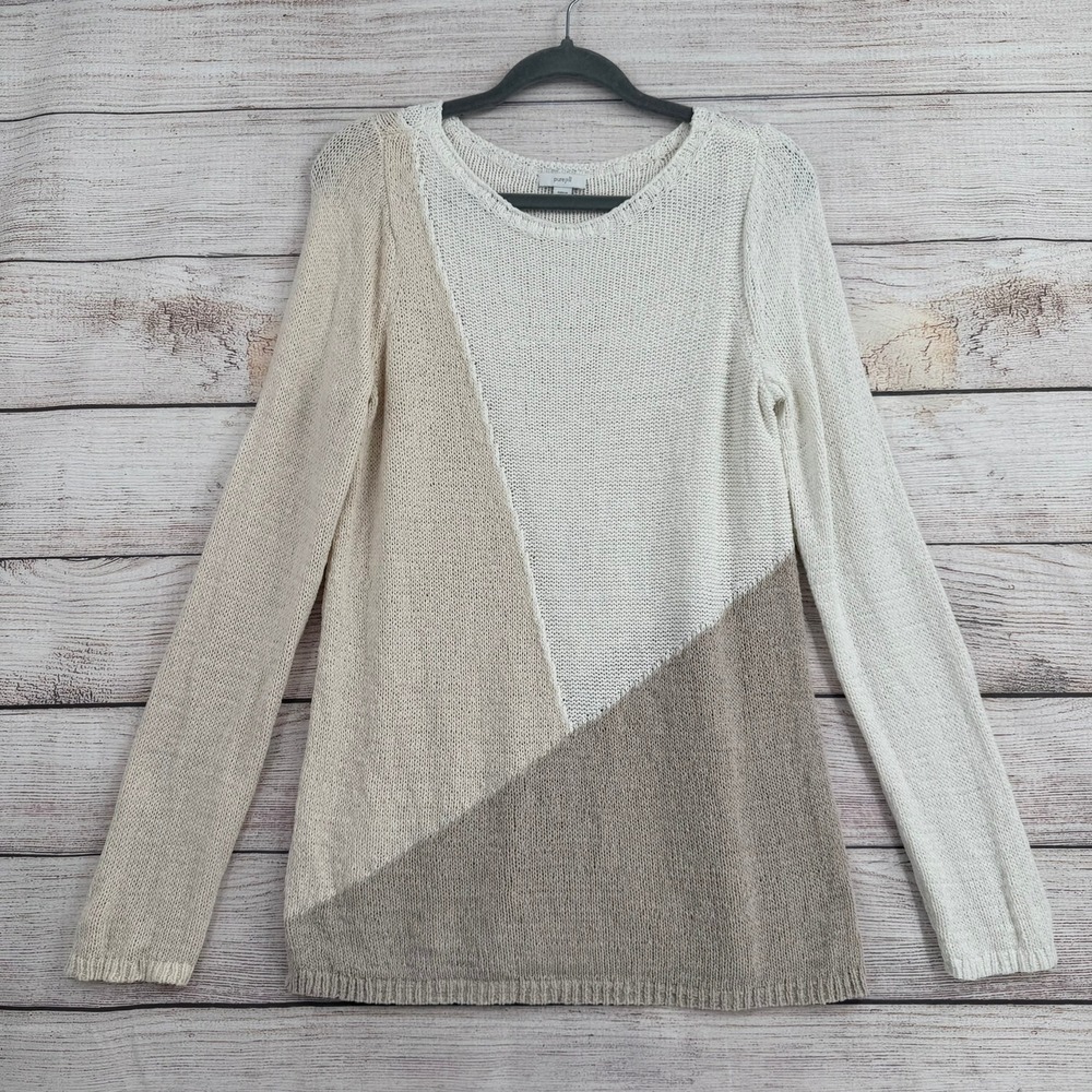 Pure Jill Sweater Women M Tall Ivory Tan Colorblock Cotton Blend Knit Pullover